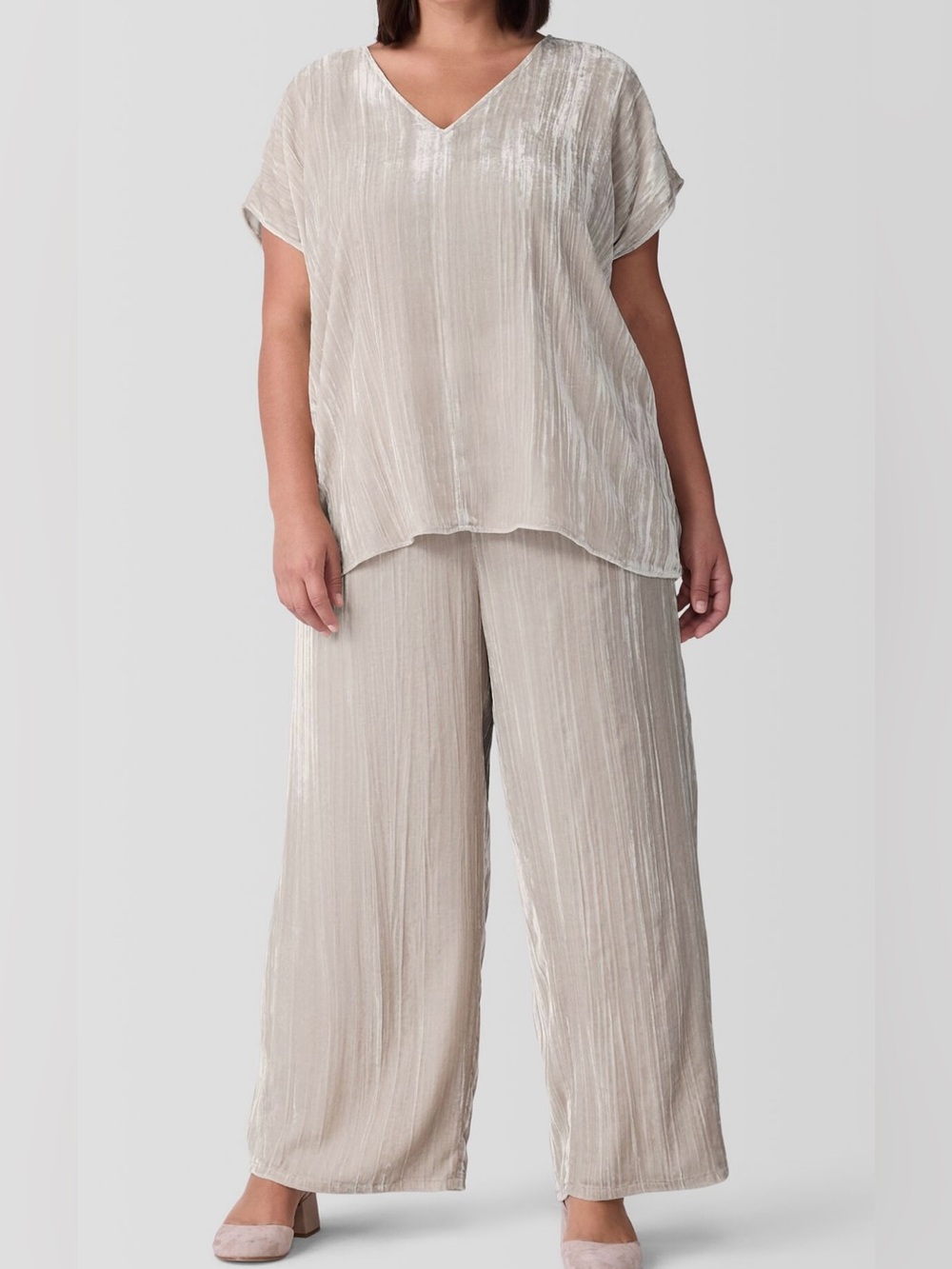 Eileen Fisher SET Crushed Velvet Wide-Leg Pants V-Neck Square Top NWT Almond XL